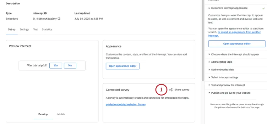 clicking Share survey on the summary page