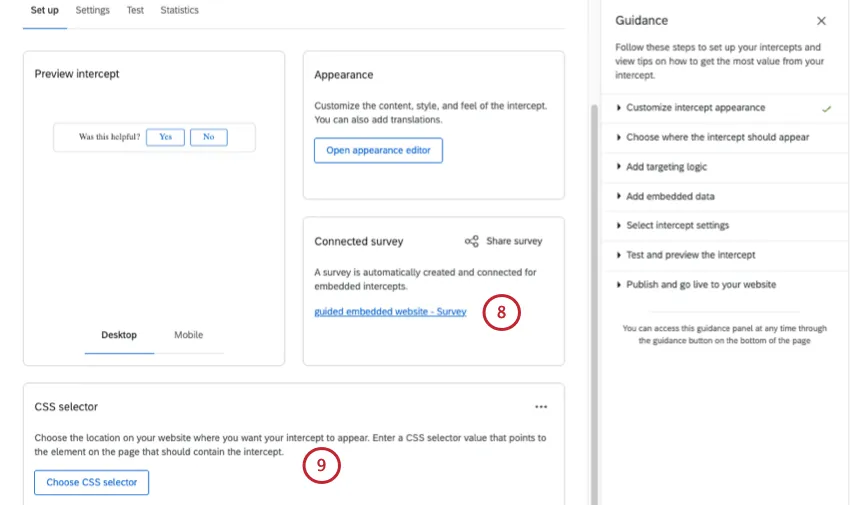 collegamento al sondaggio collegato, poi, sotto questa sezione, pulsante per configurare il selettore CSS