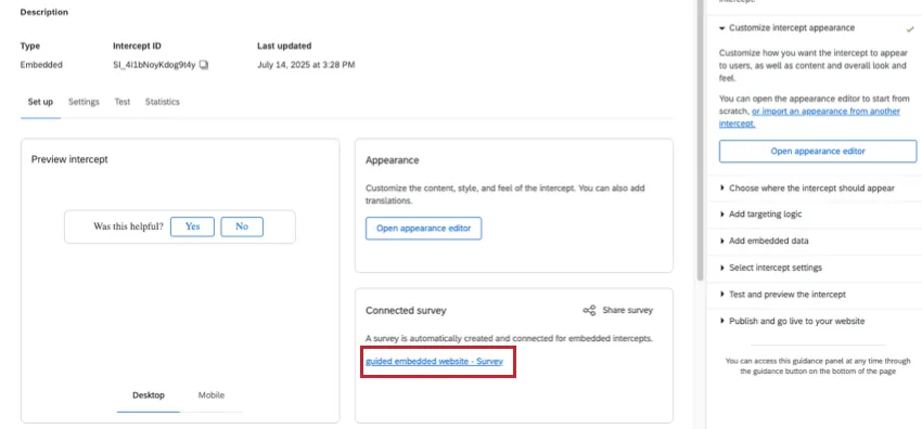 linked text of a survey name in connected survey section
