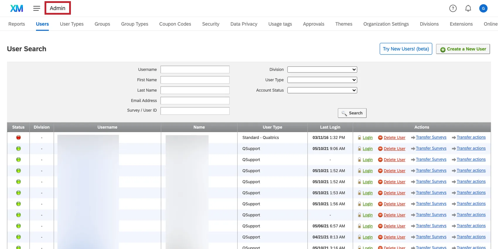 Admin page is indicated in the top left