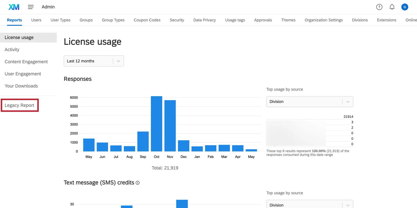 Legacy Report is indicated in the Reports section of the Admin page