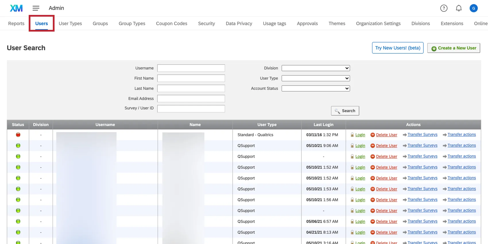 Users tab on the Admin page