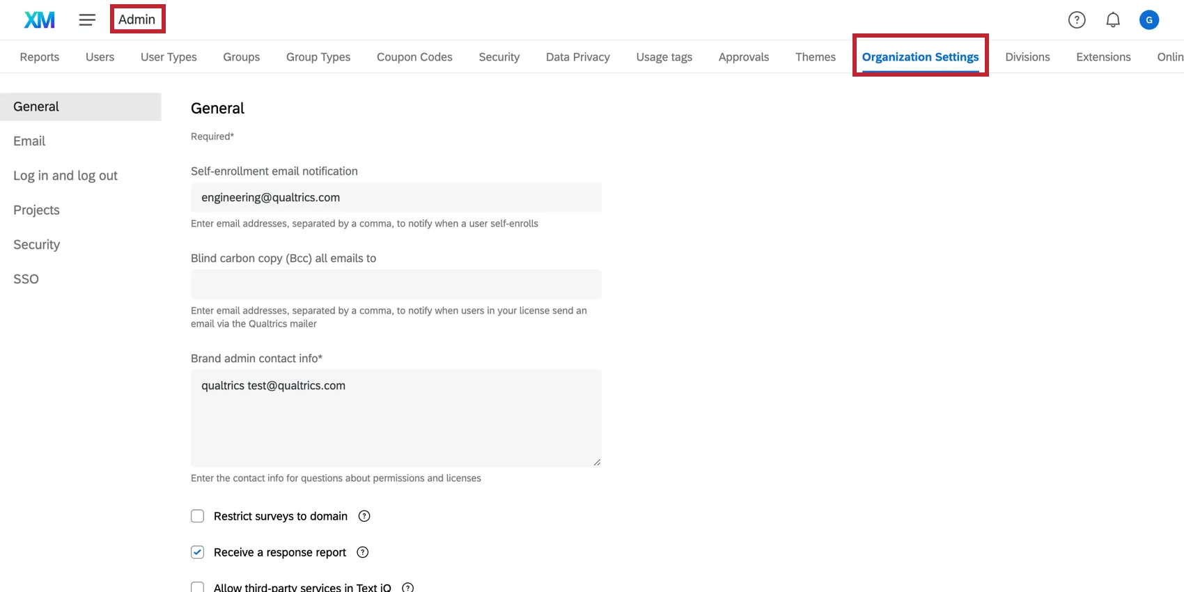 Guia Organização Settings (Configurações da organização ) na seção Admin