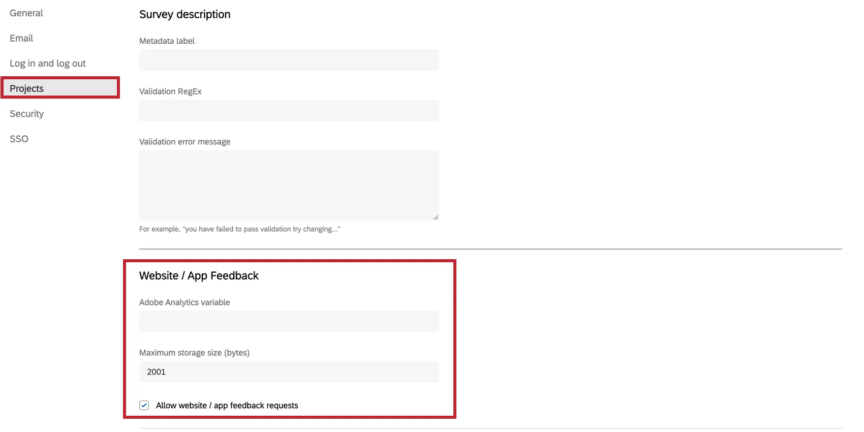 Website / App Feedback settings in the Projects section of the Organization Settings page