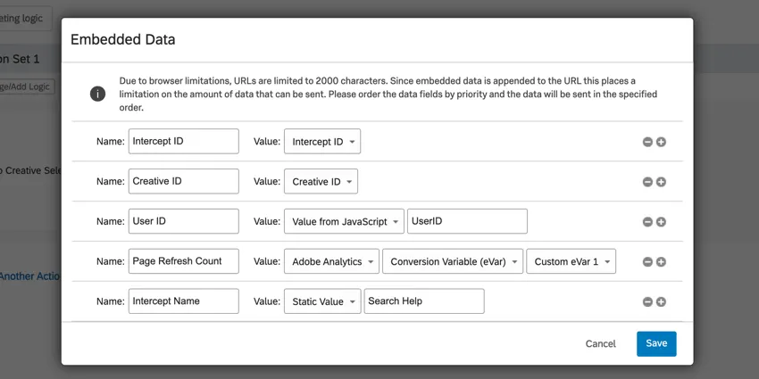 5 campos de datos embebidos para una intercept