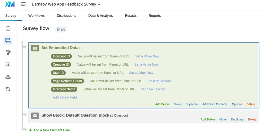5 embedded data fields in the survey flow