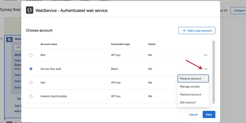 3 dots next to an account opened