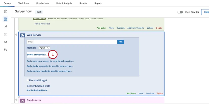 selezionare il pulsante delle credenziali di un servizio web sotto il metodo e sopra i parametri