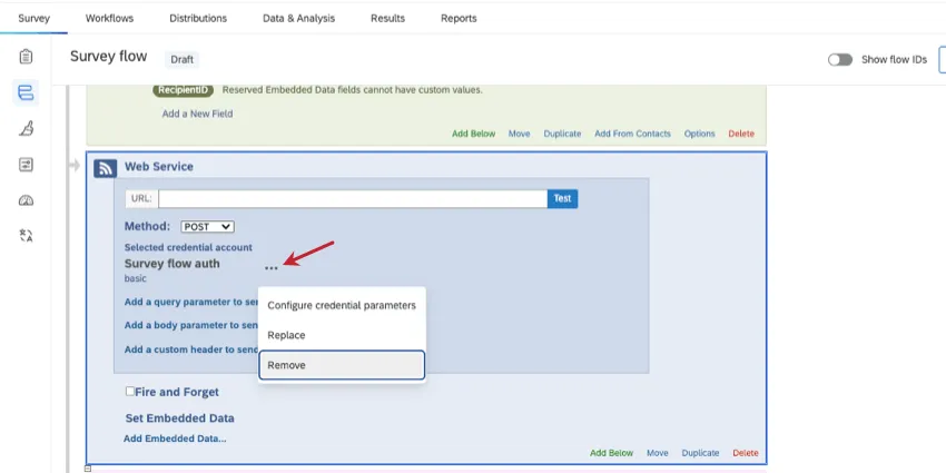 menu a 3 punti avanti al nome delle credenziali del servizio web Flusso del sondaggio aperto