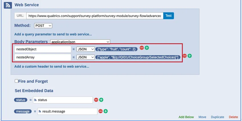 un elemento di servizio web che utilizza il formato json grezzo per i parametri del corpo