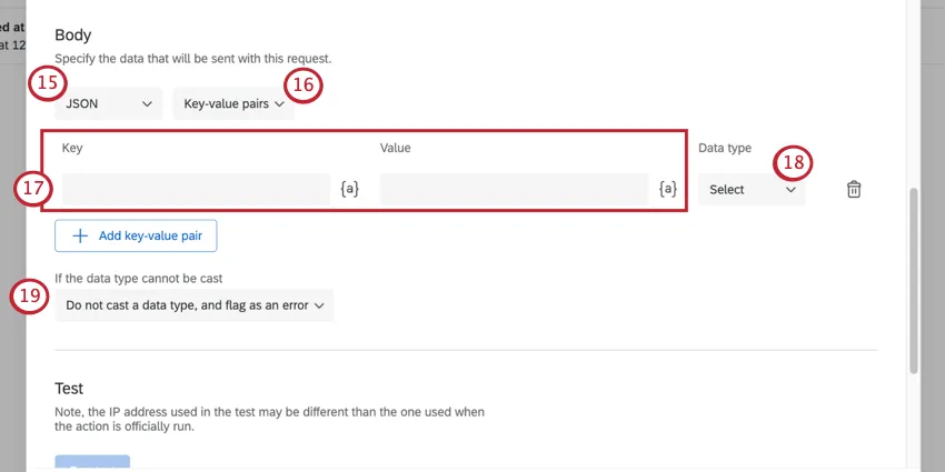 adding body parameters into the web service, then adding a key-value pair to the body request