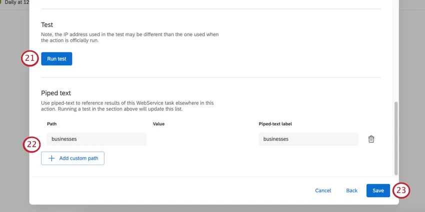 run test button. section named piped text where you add JSON paths