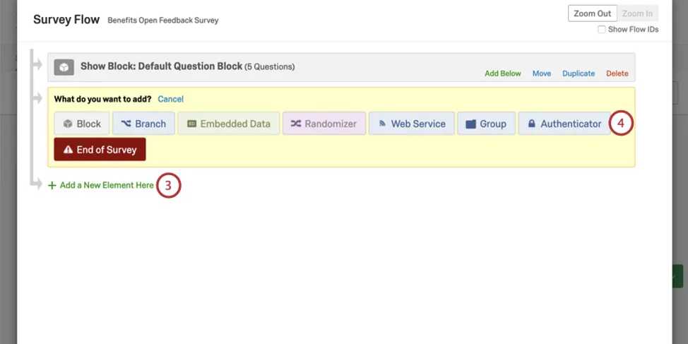 Yellow area in survey flow where you can choose from colorful elements - authenticator in blue
