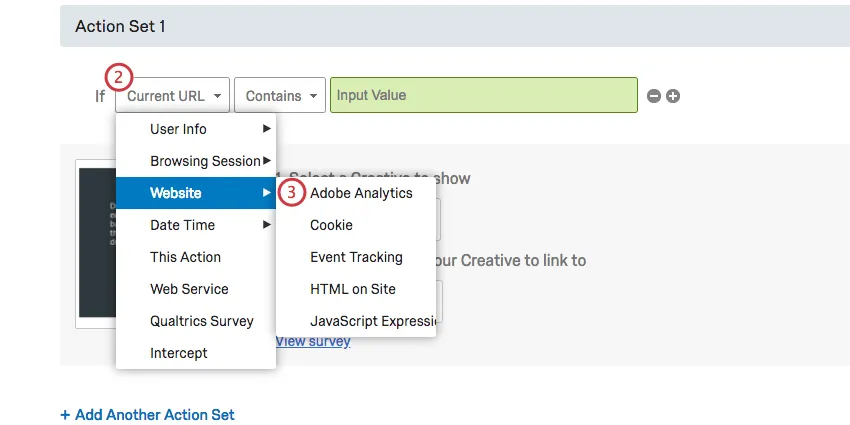 First field is dropped down, Website is highlighted, and Adobe analytics is selected from this menu