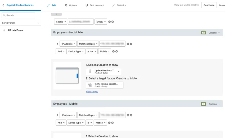 imagen de una configuración de intercept independiente que establece las condiciones bajo las cuales aparecen ciertas cosas en el sitio web.
