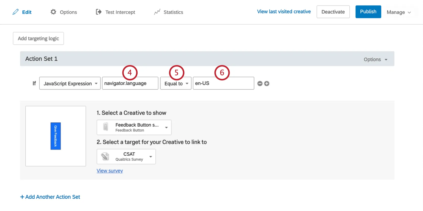 The condition says the Creative will appear if Javascript Expression navigation language is equal to English U.S.