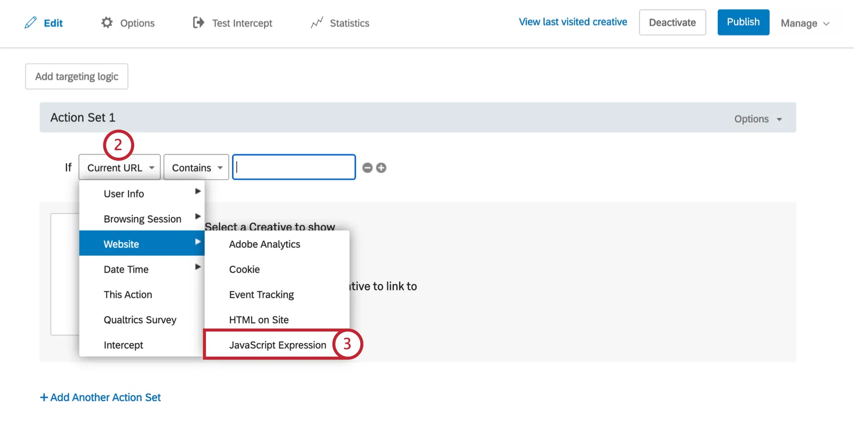 Se despliega el primer campo de la lógica de Adobe Analytics; en el menú Sitio web, se selecciona Expresión de Javascript.