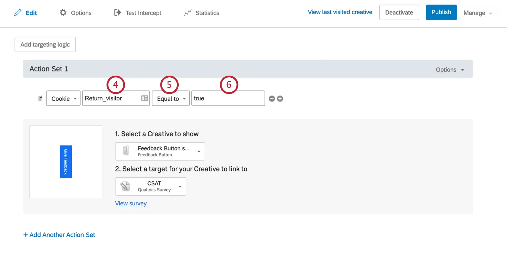 The condition says the Creative will appear if Cookie return visitor is equal to true