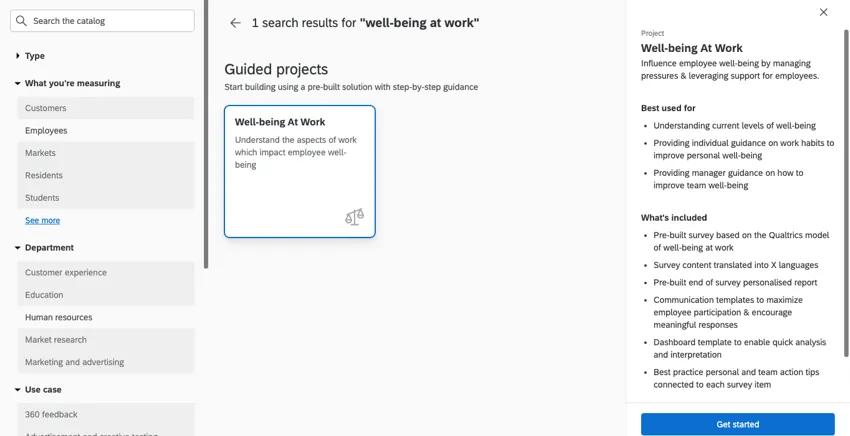 Shows the well-being at work guided project in the projects menu.