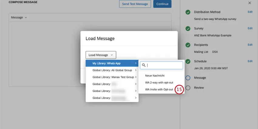 New window opens for selecting a message from the library