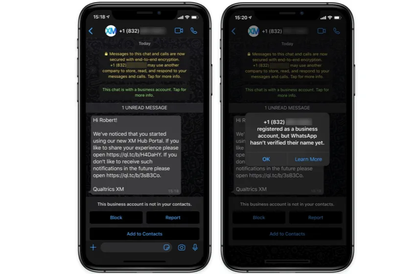 Telefono con whatsapp aperto. Mostra le credenziali di un account whatsapp non ufficiale, che avverte il destinatario che il mittente non è unazienda verificata