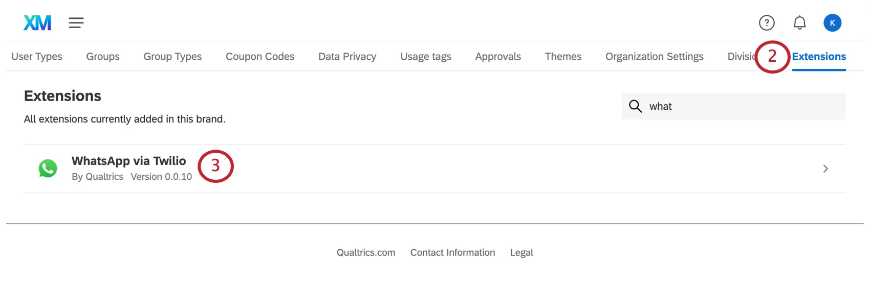 Admin extensions page