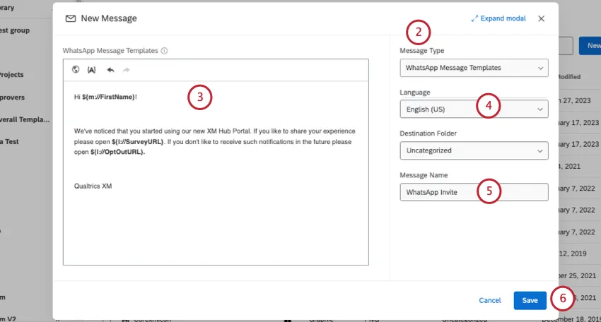 new window in library where you create your message