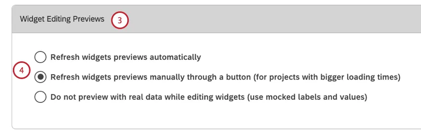 Desplácese hacia abajo hasta la sección Vista previa de edición de Widget . Seleccione uno de los modos de vista previa disponibles.