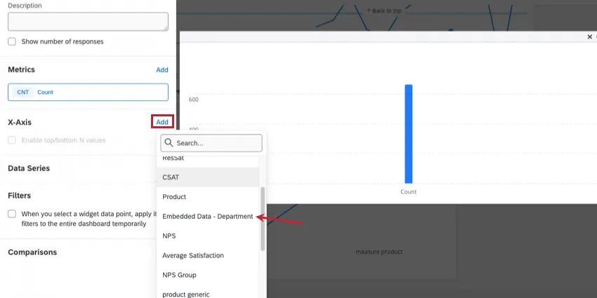 Screenshot of adding fields to a widget, but one of the fields has a long and unwieldy name