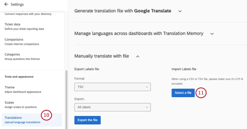 going to dashboard settings and opening translations page there to upload a file