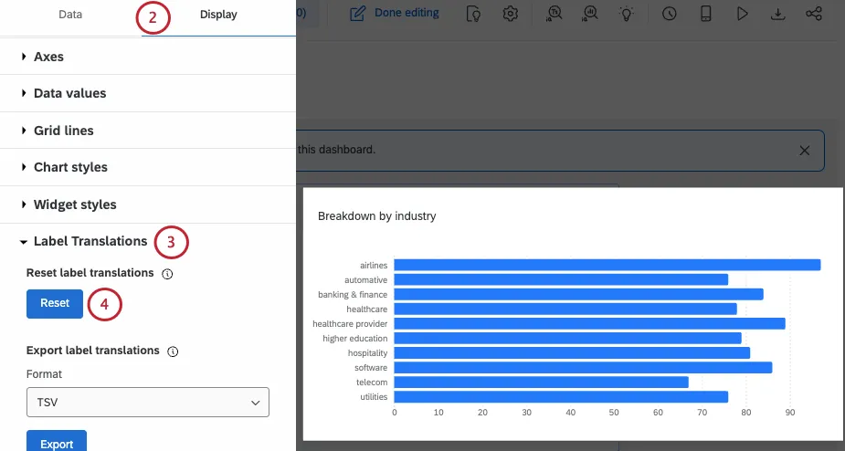 display settings of a bar chart with label translation settings displayed