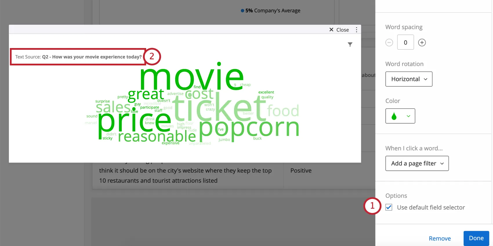 Nuvem de palavras em que o seletor de campo padrão está ativado. Cria um menu suspenso no canto superior esquerdo do widget