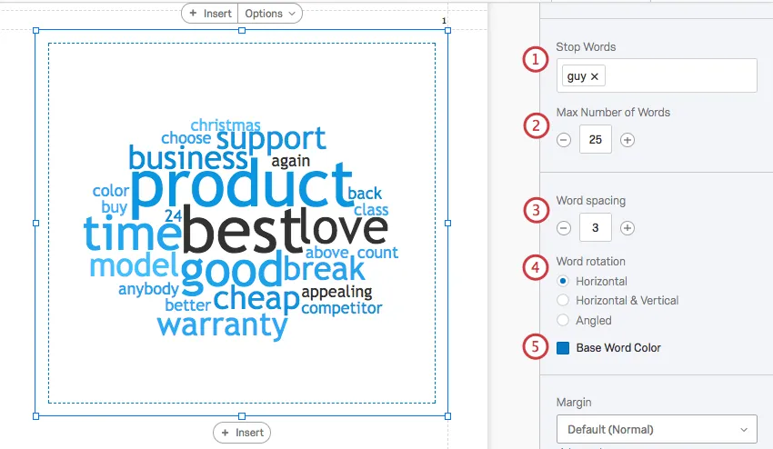 word cloud selected with the editing pane options numbered on the right