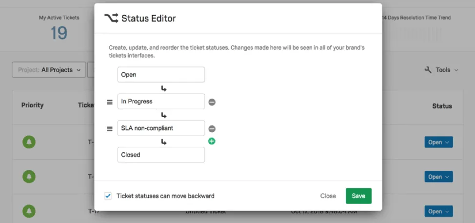 Janela para edição de status e criação de status personalizados