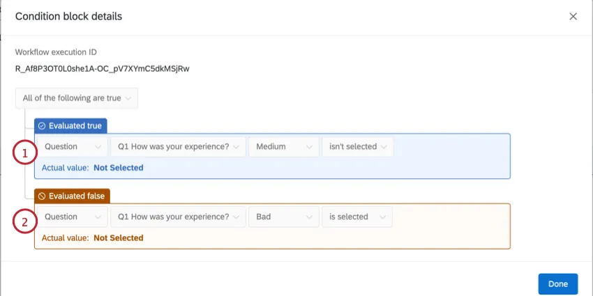 the window showing how each condition was evaluated