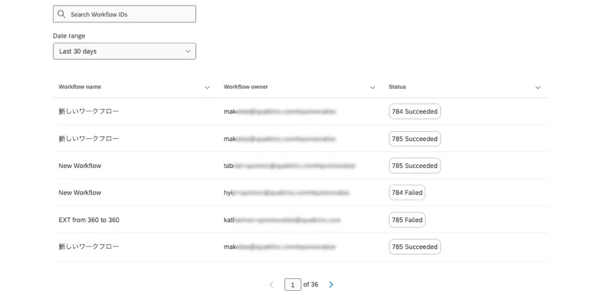 searchable table showing workflow executions