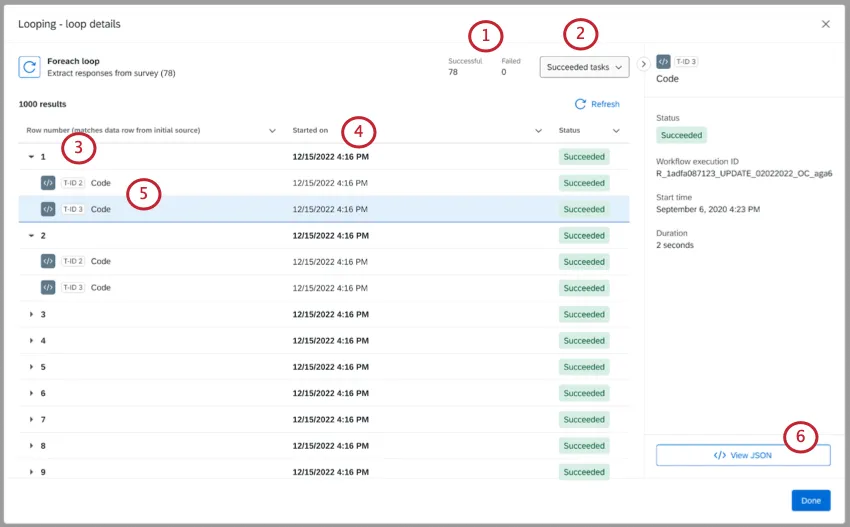 window where more details are shown about workflow loops