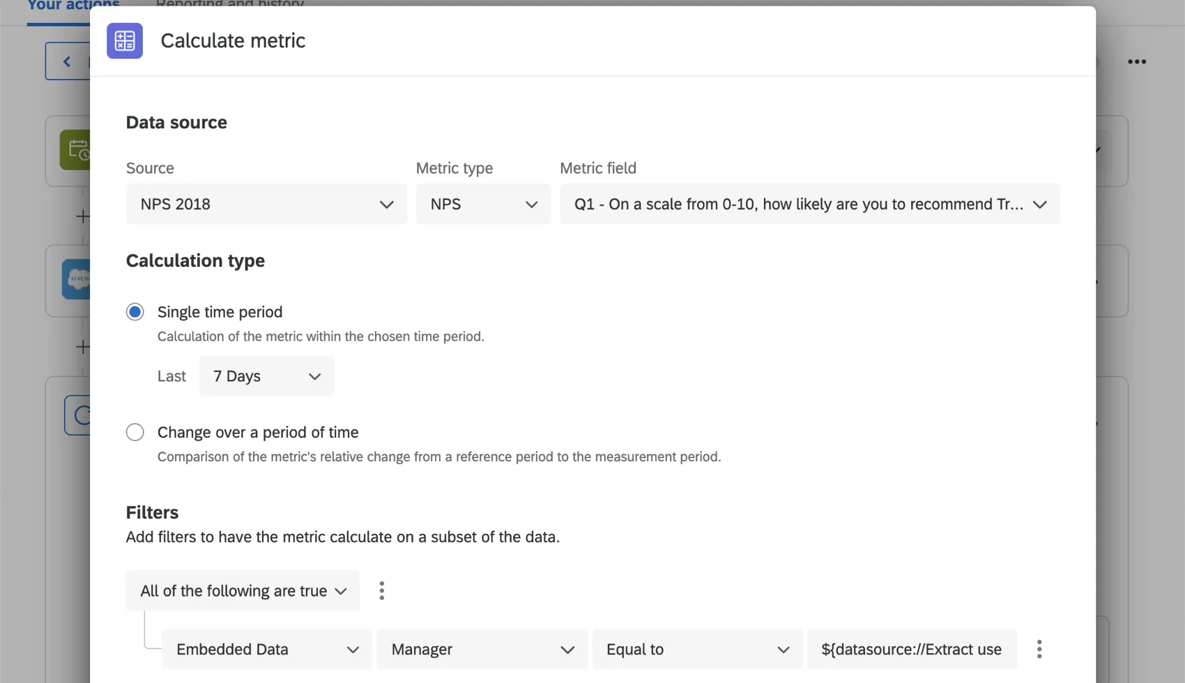 image of a calculate metric task where NPS is calculated for 7 days
