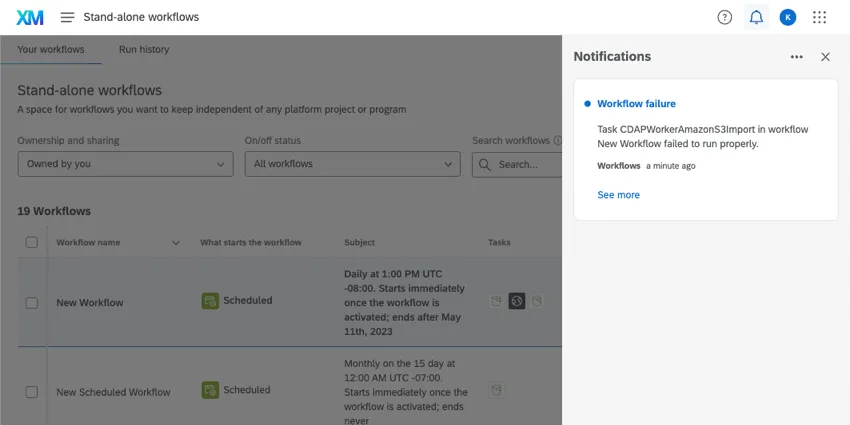 Bell icon in upper-right of account clicked. Expanded to show "Workflow failure. Task 1 Webservice in workflow "Post to Site" failed to send