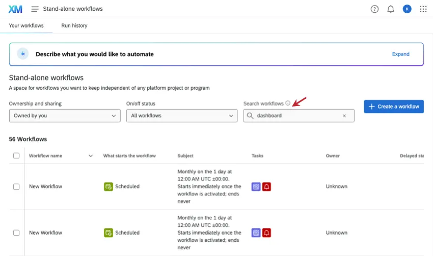 page de flux de travail autonome avec barre de recherche surlignée