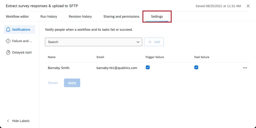 Pestaña Configuración de un flujo de trabajo