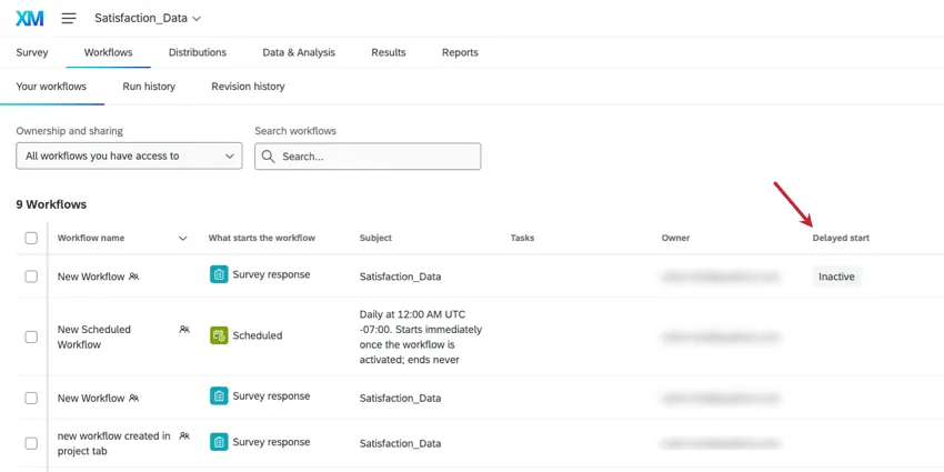 Statusspalte für verzögerten Start in der Liste der Workflows