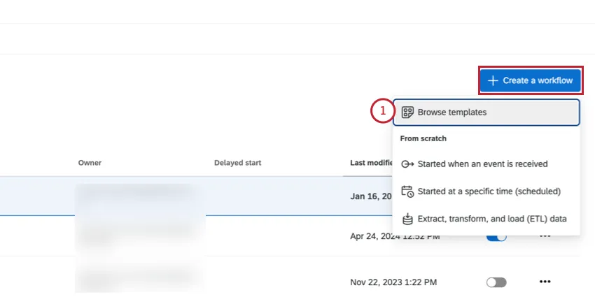 clicking "create a workflow" and choosing to browse templates