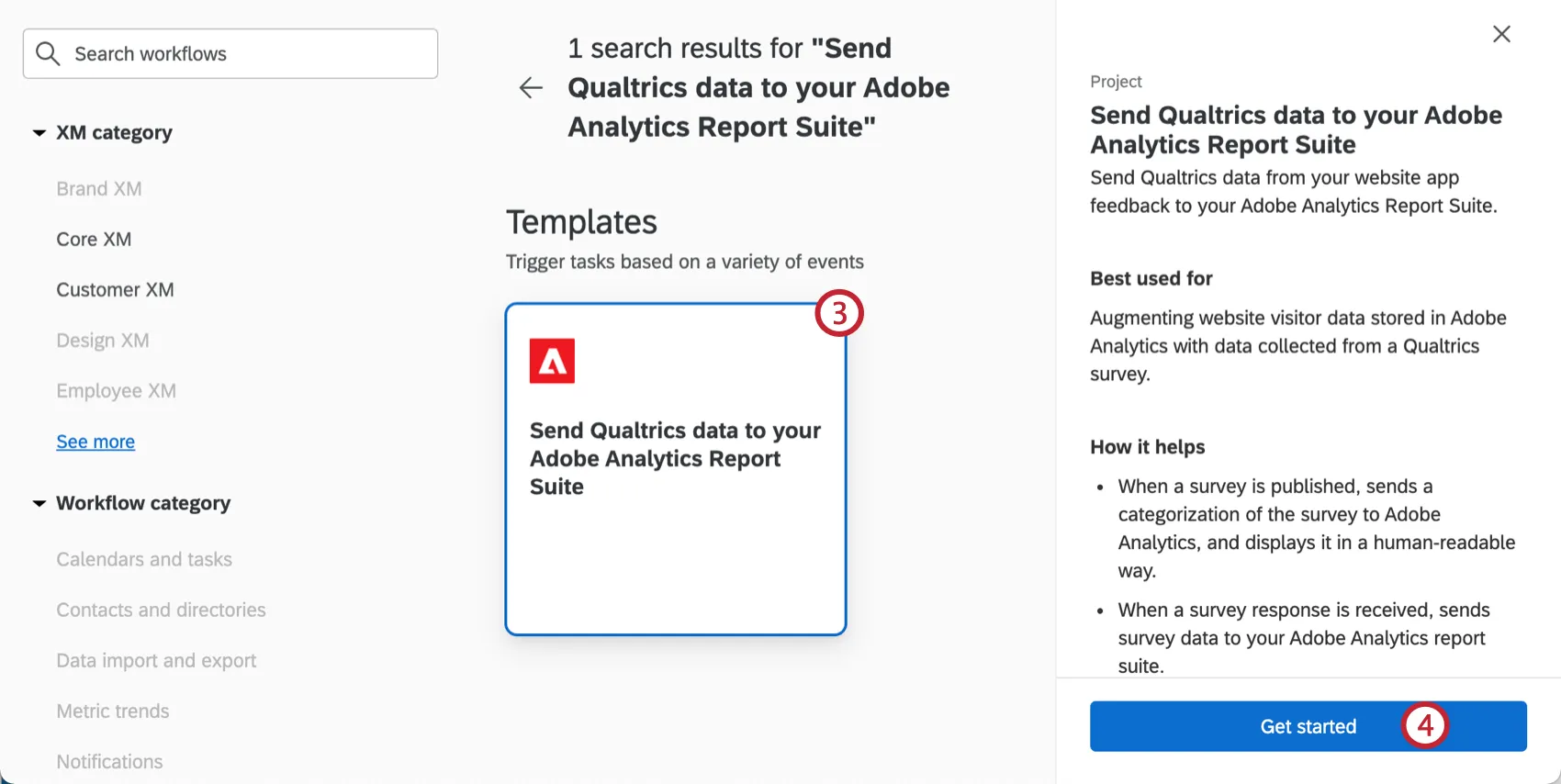 seleção do fluxo de trabalho do adobe analytics no catálogo