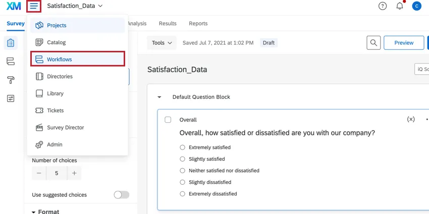左上のナビゲーションメニューが開き、［ワークフロー］が選択されている