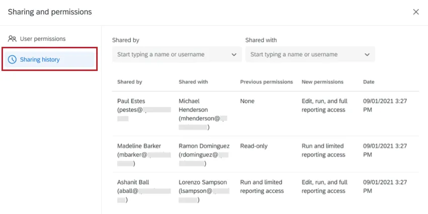the sharing history section found on the left side