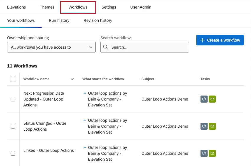 workflows tab highlighted within a bain outer loop project