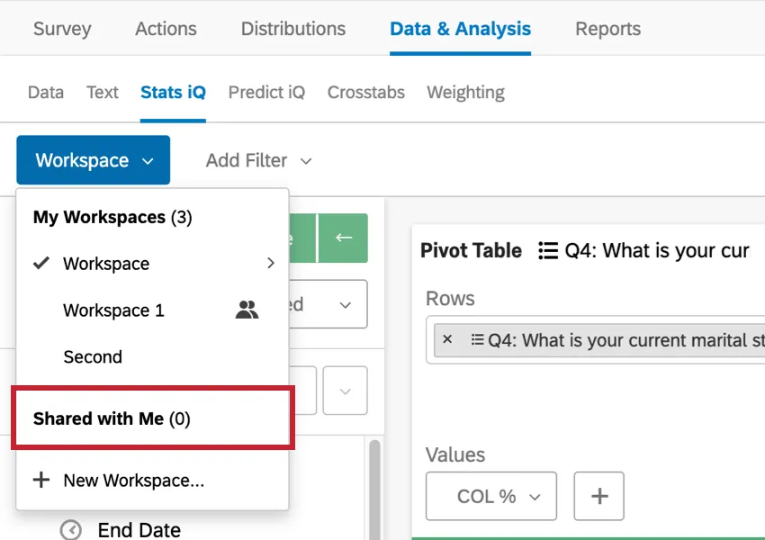 "Shared with me" section at bottom of the workspaces dropdown