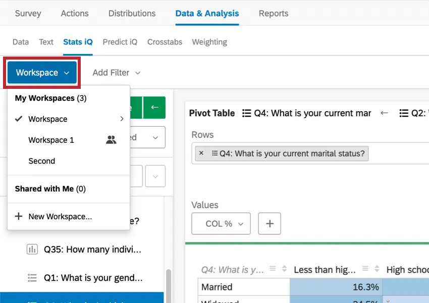 Select Workspace dropdown list