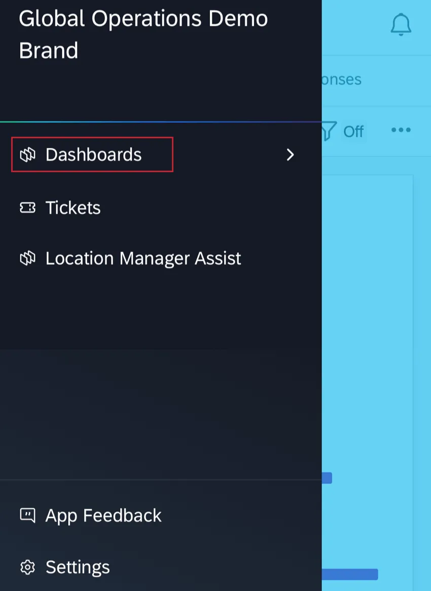 lopzione dashboard nel menu dellapplicazione